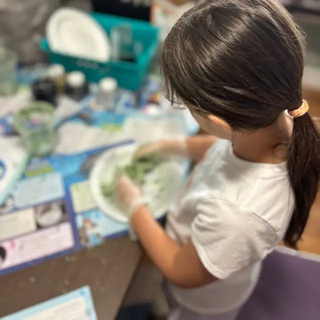 A student in gloves mixing a science experiment